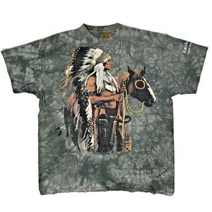 VTG 90s Green Tie Dye Native American Horse Rankokus Reservation USA Made Sz XXL